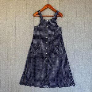 90s Vintage Navy Blue Ivory Polka Dot Mother of Pearl Button Midi Dress Size 8